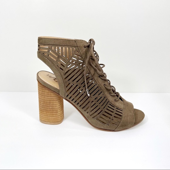 Sam Edelman Rocco Lace Up Heel Sandals Taupe Laser Cut Faux Suede Booties - Picture 4 of 10